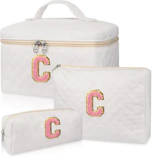 Makeup Bag, Quilted Make Up Bag,Large Initial Cosmetic Bag for Women, Cute Cotton Makeup Bags Set, Personalized Travel Toiletry Bag for Teen Girl Friend Sister Wife Girlfriend Gifts C