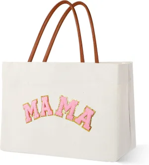 Mama Tote Bag Mother Gifts Canvas Mom Bag Momlife Chenille Mama Letter Tote Bag for Hospital, Shopping, Beach, Travel