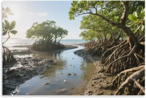 Mangrove & Sunlight Canvas Art - Watercolor Ecosystem, Eco Resort & Spa Bathroom Décor Coastal Conservation Gift Unframe-style-16 20x30inch(50x75cm)