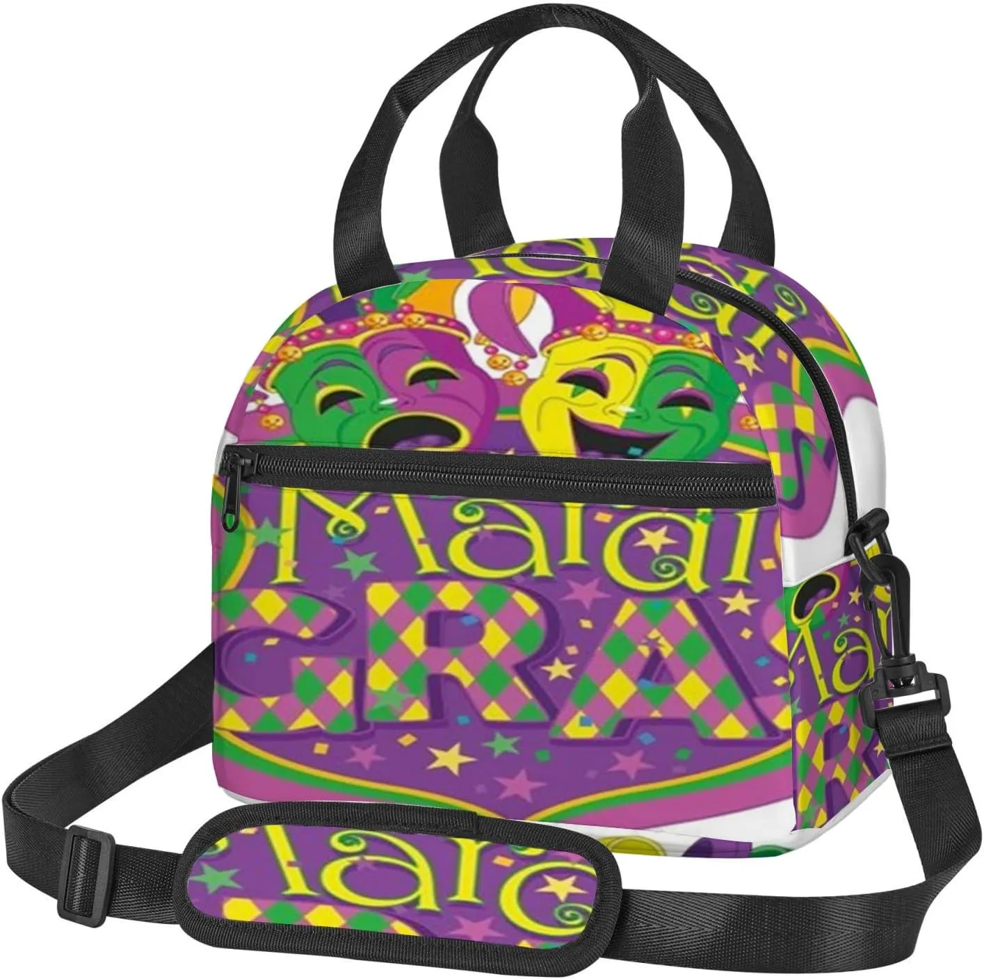 Mardi Gras,Insulated Reusable Lunch Bag Adult Large Lunch Box for Women and Men,Mardi Gras Comedy and Tragedy Masks,Adjustable Shoulder Strap,Front Zipper Pocket,Purple Green Yellow