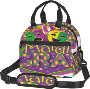 Mardi Gras,Insulated Reusable Lunch Bag Adult Large Lunch Box for Women and Men,Mardi Gras Comedy and Tragedy Masks,Adjustable Shoulder Strap,Front Zipper Pocket,Purple Green Yellow