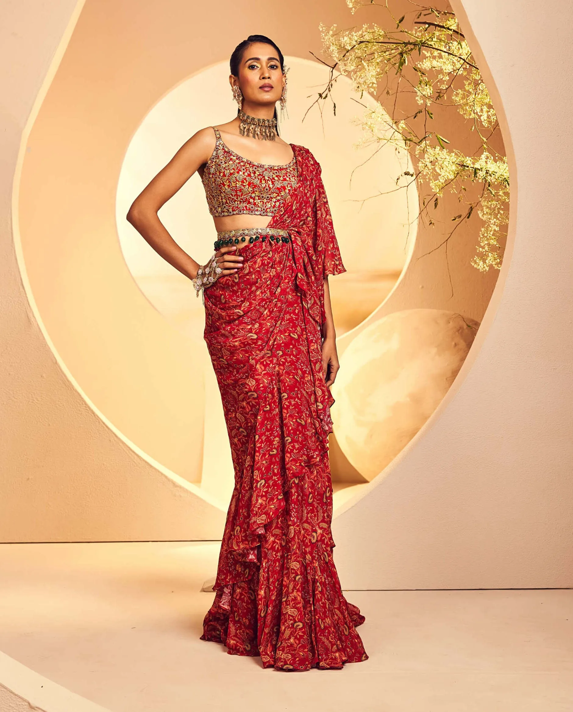 Maroon pre-draped ruffle sari set