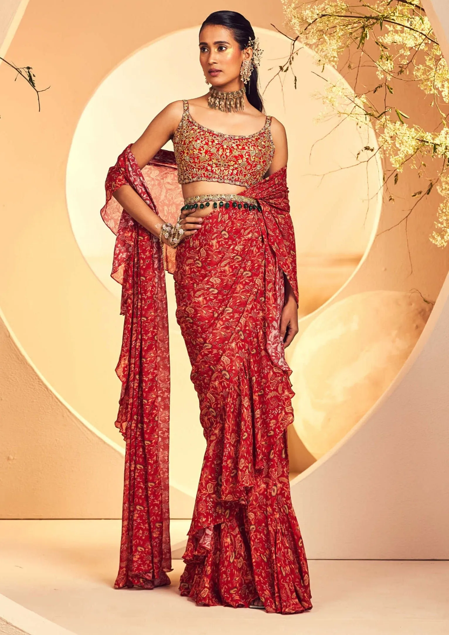 Maroon pre-draped ruffle sari set