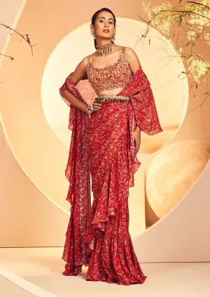 Maroon pre-draped ruffle sari set