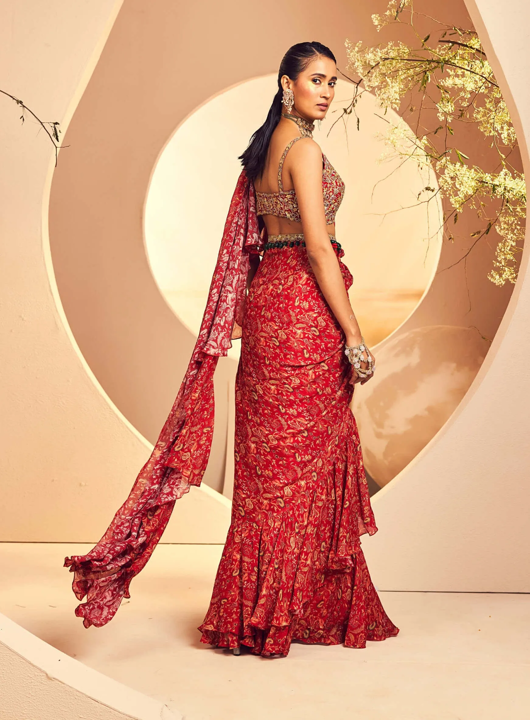 Maroon pre-draped ruffle sari set