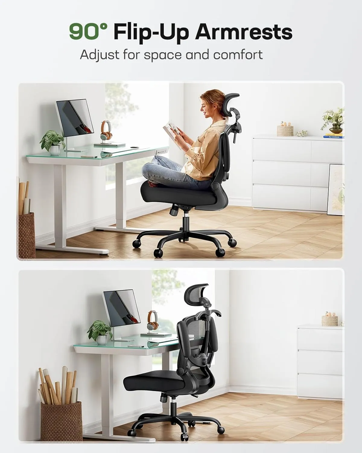 Marsail Ergonomic Office Chair with 3D Lumbar Support & Headrest, Flip-Up Armrests, 90-120° Tilt, High Back Computer Chair, Thick Cushion for Home Office