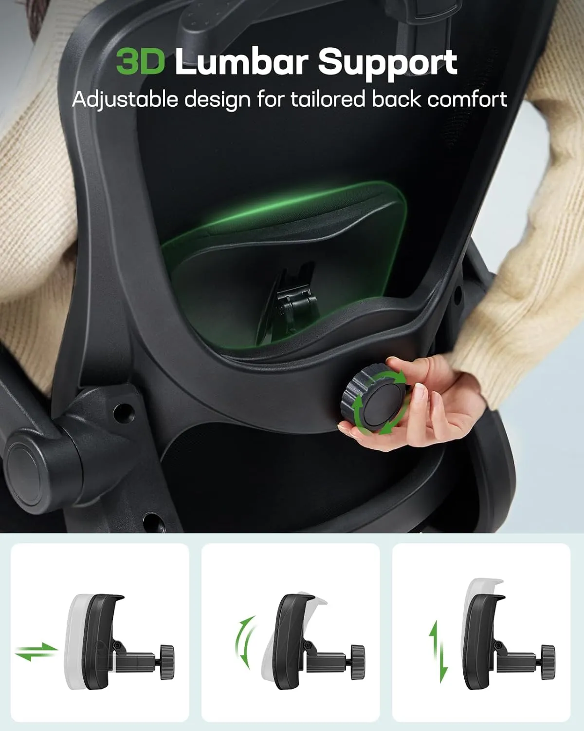 Marsail Ergonomic Office Chair with 3D Lumbar Support & Headrest, Flip-Up Armrests, 90-120° Tilt, High Back Computer Chair, Thick Cushion for Home Office