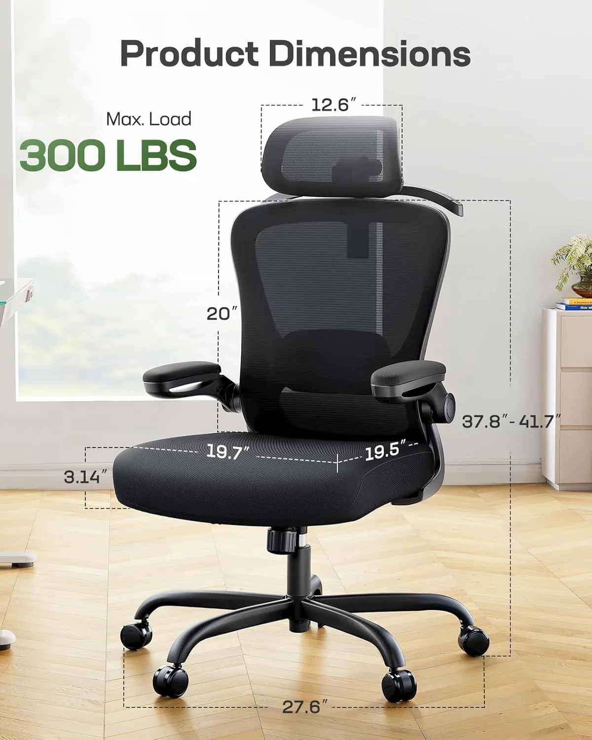 Marsail Ergonomic Office Chair with 3D Lumbar Support & Headrest, Flip-Up Armrests, 90-120° Tilt, High Back Computer Chair, Thick Cushion for Home Office