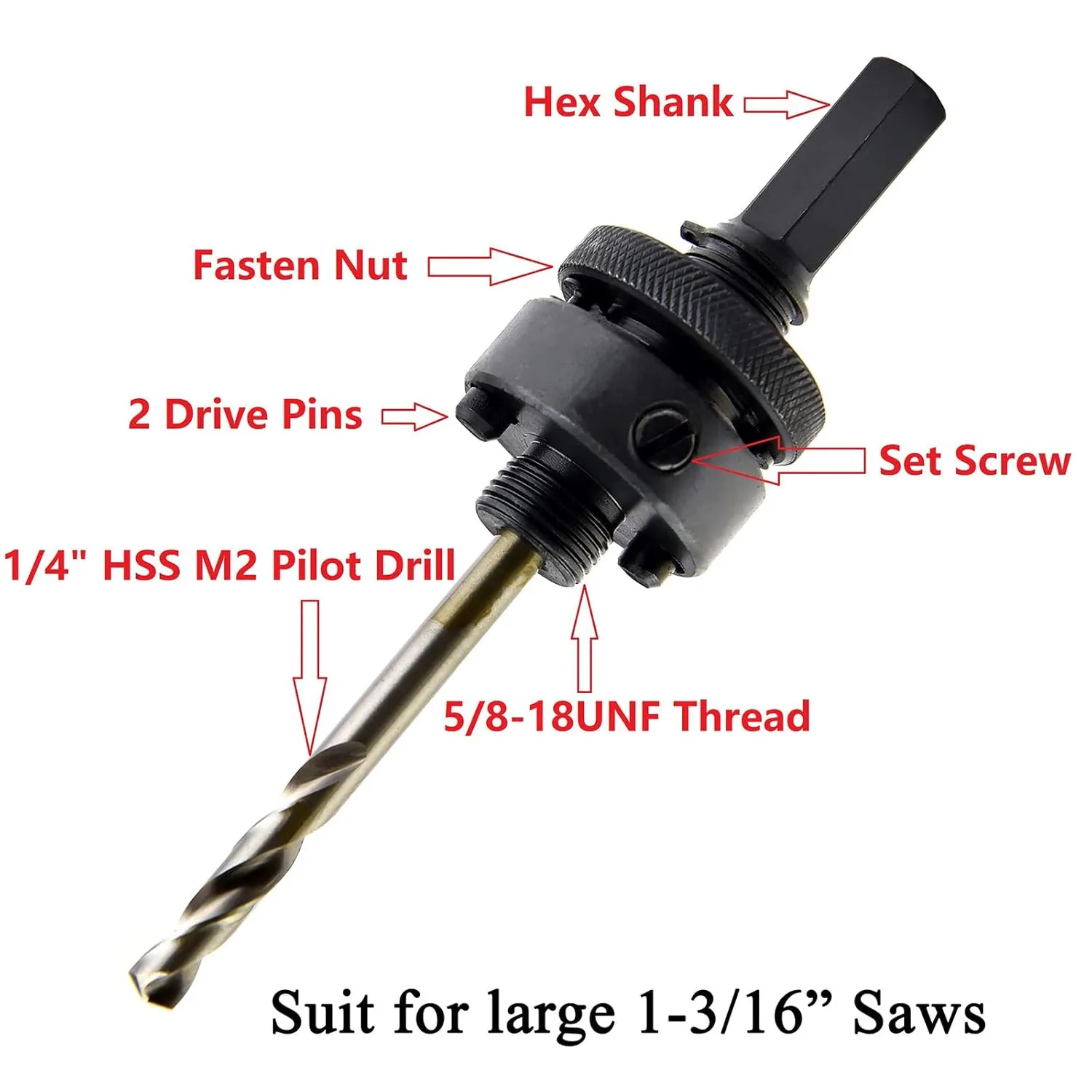 MaxTool 3/8" HEX Arbor/Mandrel Holesaw Accessry Fits 1-3/16" Up Holesaws 5/8-18UNF Thread 1/4"x4" M2 Pilot Drills for Deep Cut Holesaws; BA28H1809-M45PN9