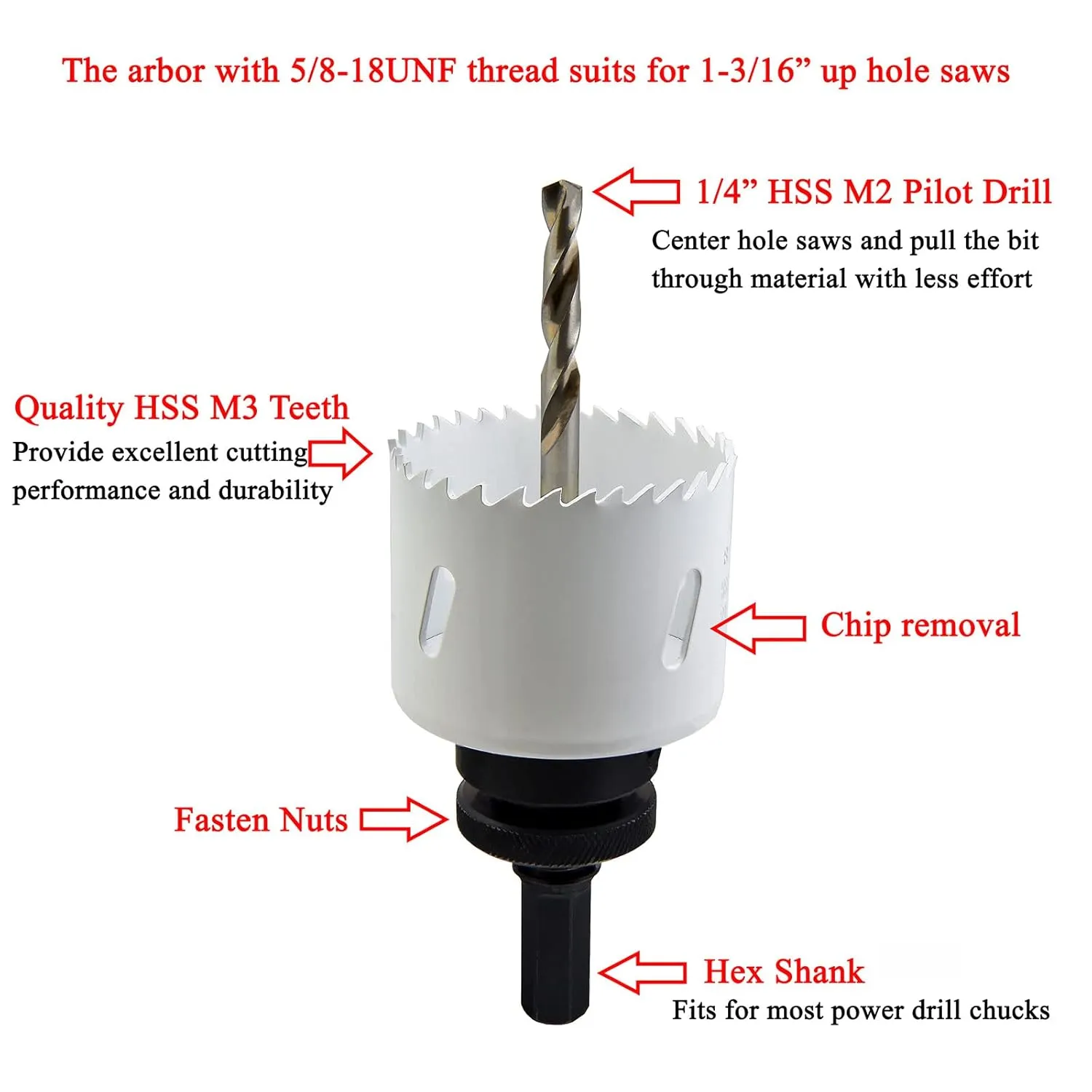 MaxTool 3/8" HEX Arbor/Mandrel Holesaw Accessry Fits 1-3/16" Up Holesaws 5/8-18UNF Thread 1/4"x4" M2 Pilot Drills for Deep Cut Holesaws; BA28H1809-M45PN9