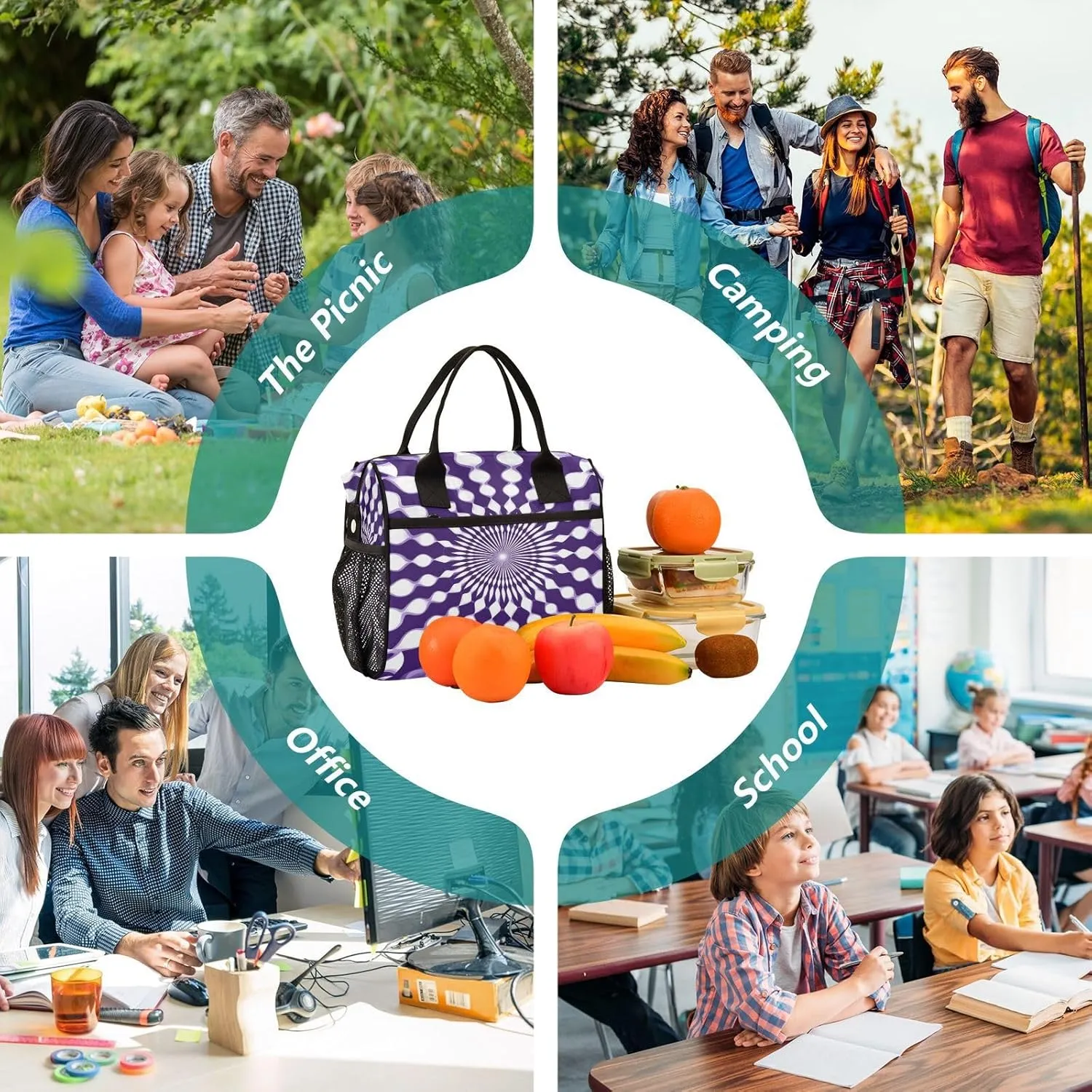 MCHIVER Radial Illusion Purple Insulated Lunch Bag for Women Men Reusable Lunch Box Cooler Bag Cooling Bags for Picnic Beach Outdoor 10.6 * 5.5 * 11 In