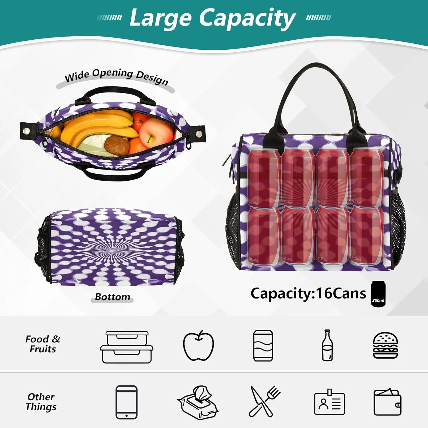 MCHIVER Radial Illusion Purple Insulated Lunch Bag for Women Men Reusable Lunch Box Cooler Bag Cooling Bags for Picnic Beach Outdoor 10.6 * 5.5 * 11 In