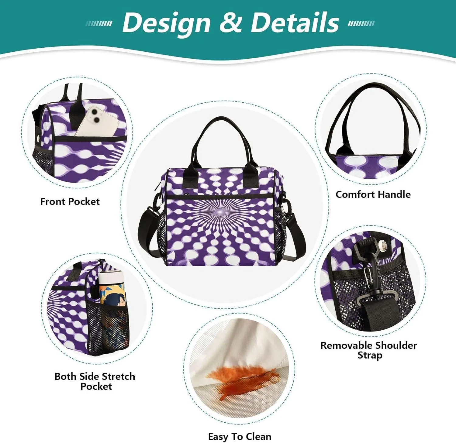 MCHIVER Radial Illusion Purple Insulated Lunch Bag for Women Men Reusable Lunch Box Cooler Bag Cooling Bags for Picnic Beach Outdoor 10.6 * 5.5 * 11 In
