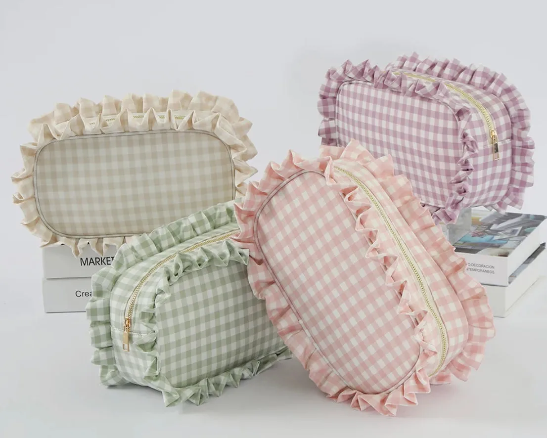 Medium Gingham Ruffle Cosmetic Bag