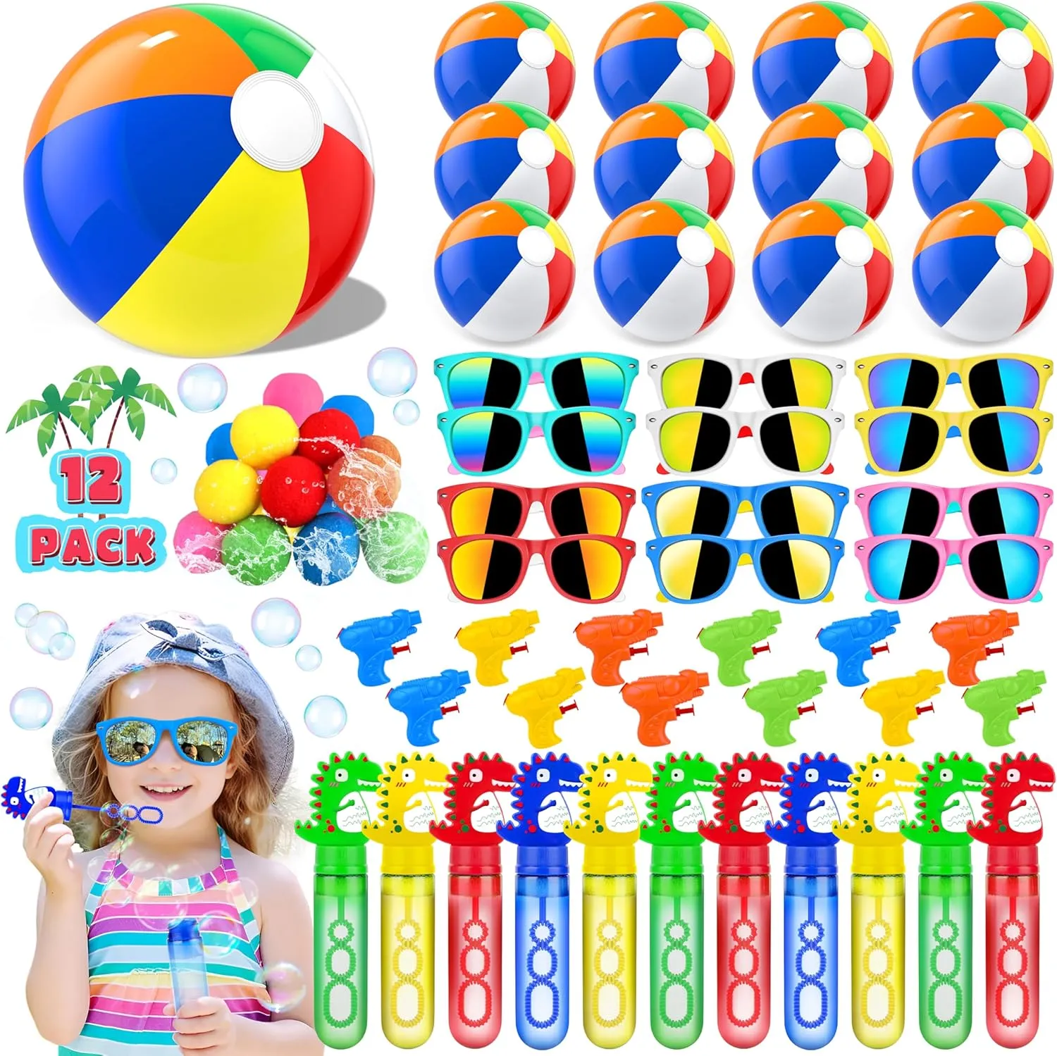 Mega Pool Party Beach Party Favors-60Pcs Party Bag Stuffers for Kids Beach Balls Bulk, Kids Sunglasses, Bubble Wands, Summer Toys for Party Supplies Birthday, Pool Beach Toys for Kids Ages 3 4 5 6 7 8