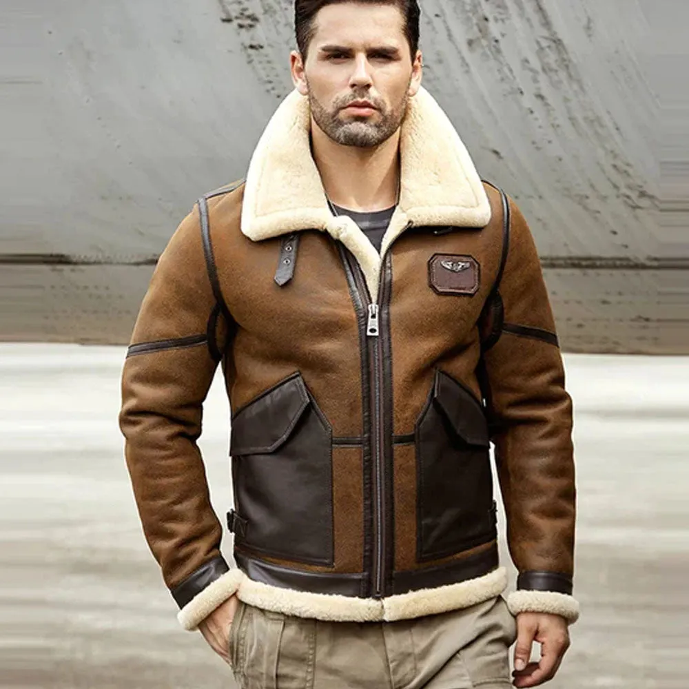 Men 2024 B6 RAF Flight Shearling Sheepskin Leather Jacket