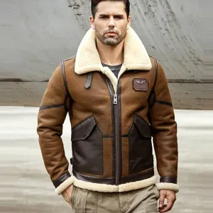 Men 2024 B6 RAF Flight Shearling Sheepskin Leather Jacket