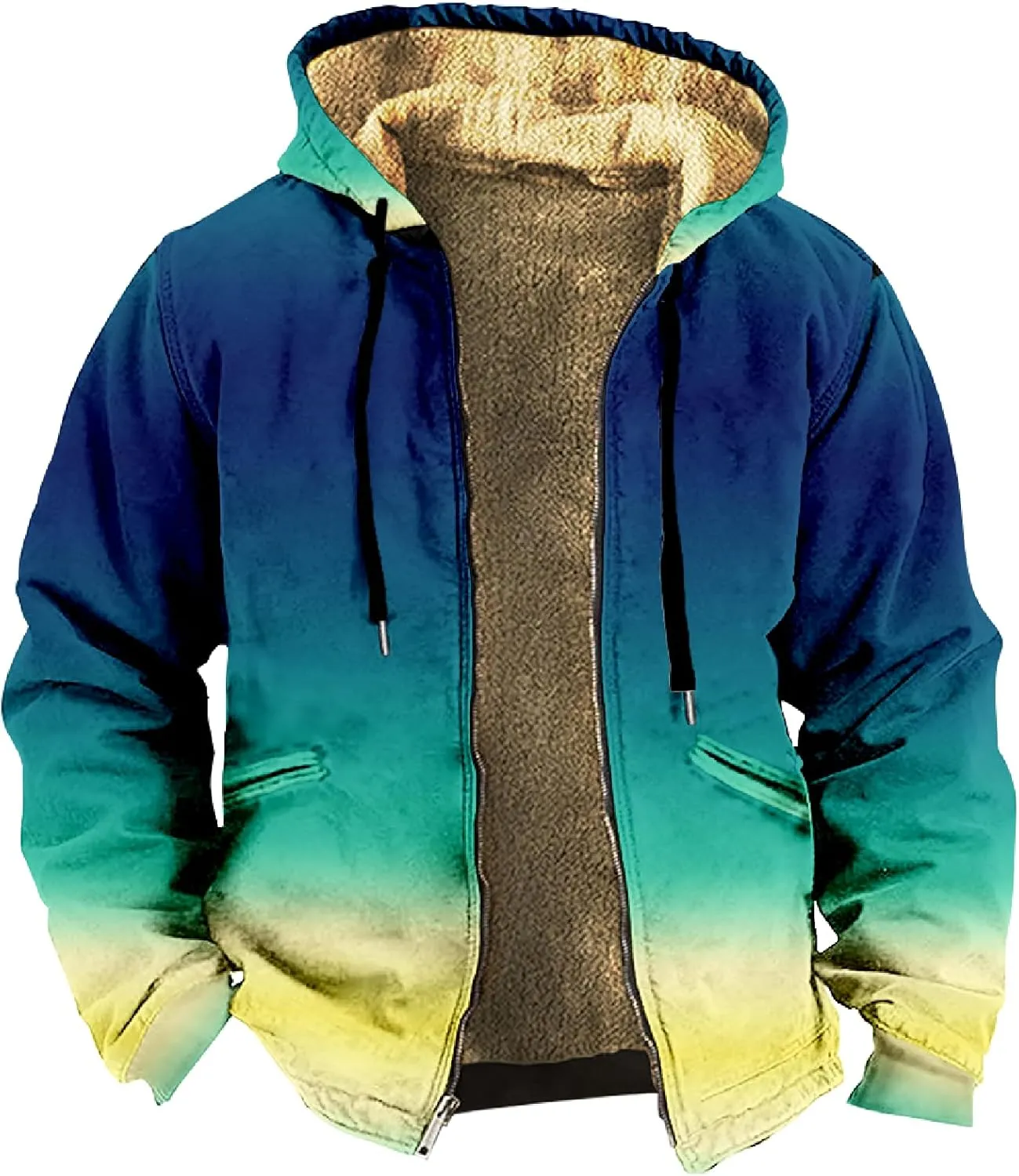 Men Coats Winter Long Sleeve Zipper Hoodies Sherpa Fleece Lined Vintage Print Jackets Fall Winter Coats