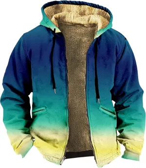 Men Coats Winter Long Sleeve Zipper Hoodies Sherpa Fleece Lined Vintage Print Jackets Fall Winter Coats
