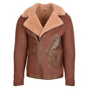 Men's Biker Style Real Sheepskin Cross Zip Aviator Jacket Brown Havard