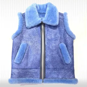 Men’s Blue Sheepskin Shearling Leather Vest