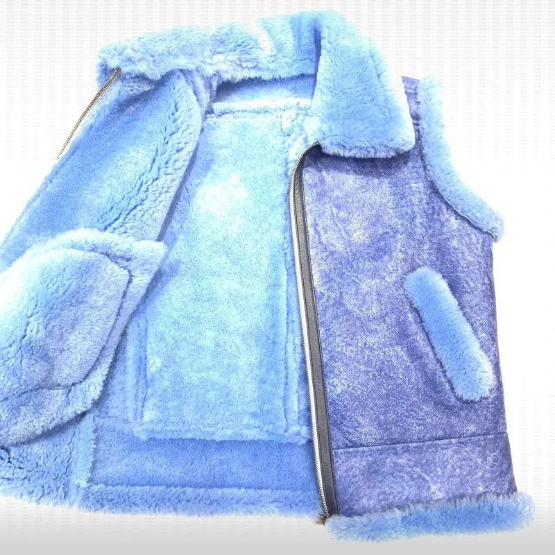 Men’s Blue Sheepskin Shearling Leather Vest