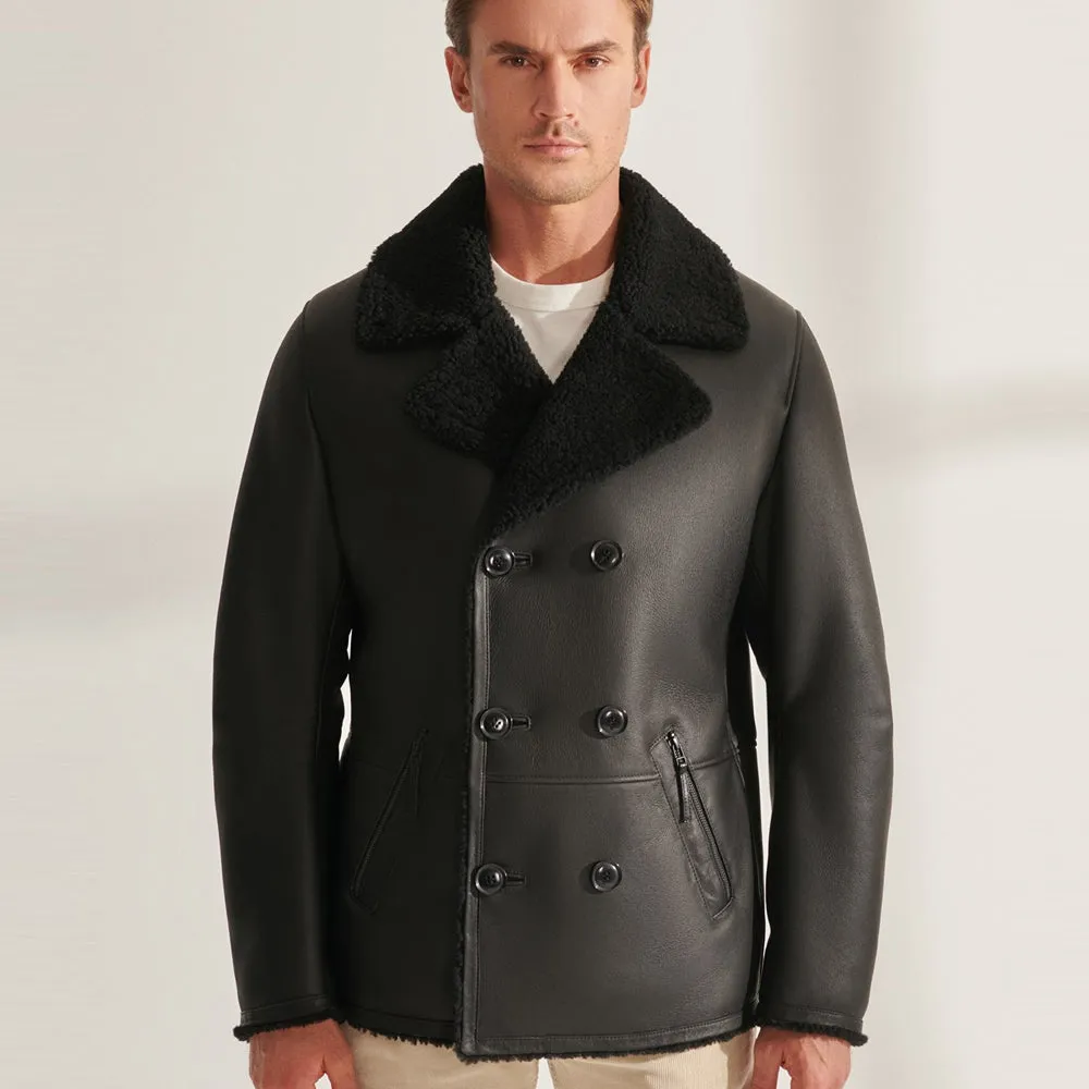 Men's Classic Black Flying Sheepskin Shearling Long Aviator Leather Jacket Coat