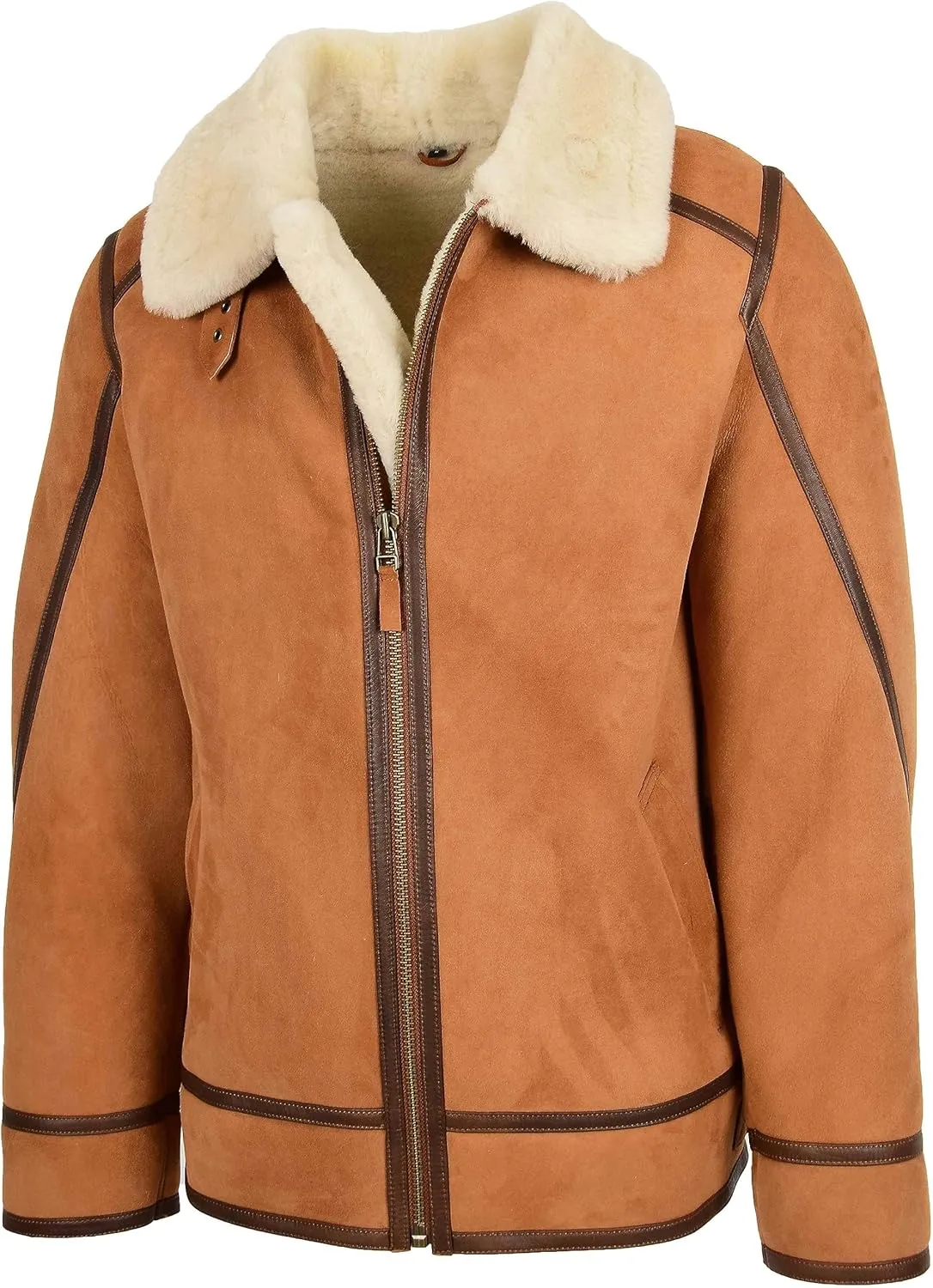 Mens Classic Shearling Aviator Leather Jacket Sheepskin Coat Dean Tan