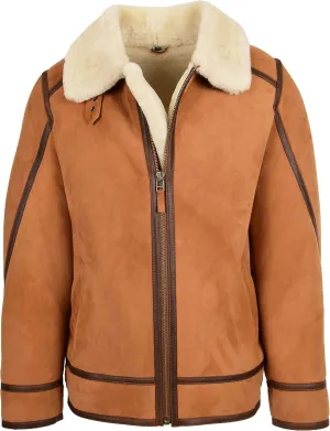 Mens Classic Shearling Aviator Leather Jacket Sheepskin Coat Dean Tan