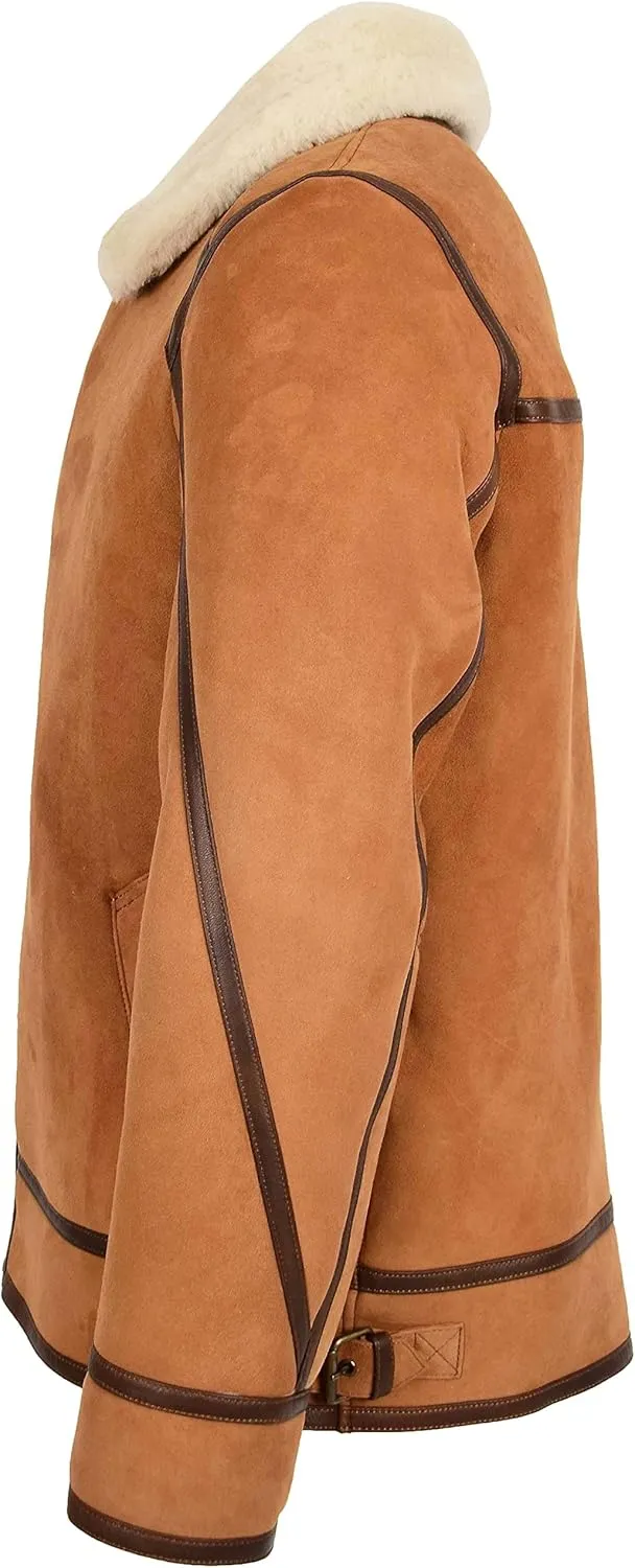 Mens Classic Shearling Aviator Leather Jacket Sheepskin Coat Dean Tan