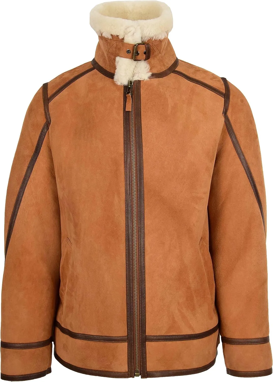 Mens Classic Shearling Aviator Leather Jacket Sheepskin Coat Dean Tan