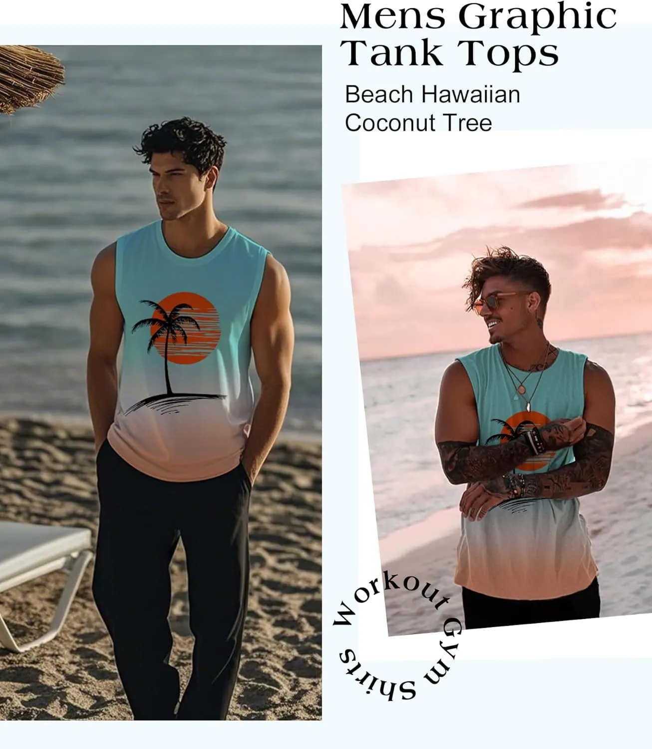 Mens Graphic Tank Tops Workout Sleeveless Shirts Hawaiian Palm Tree Vacation Tanks for Men Summer Beach T-Shirt
