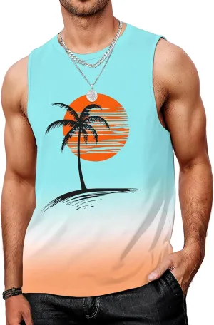 Mens Graphic Tank Tops Workout Sleeveless Shirts Hawaiian Palm Tree Vacation Tanks for Men Summer Beach T-Shirt