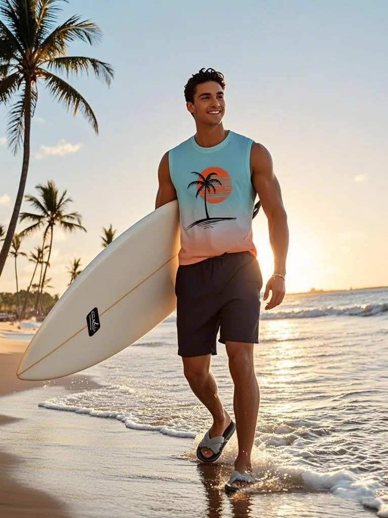Mens Graphic Tank Tops Workout Sleeveless Shirts Hawaiian Palm Tree Vacation Tanks for Men Summer Beach T-Shirt
