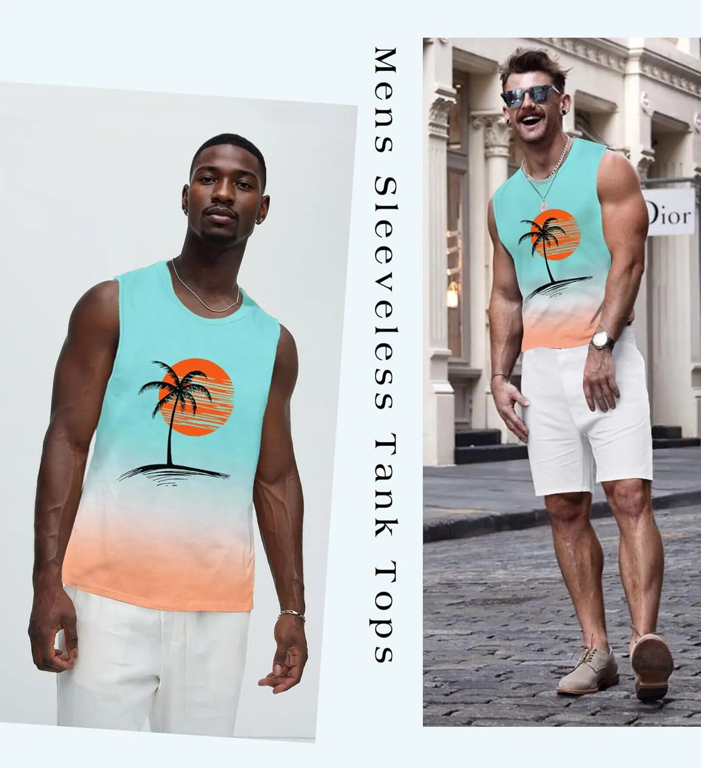Mens Graphic Tank Tops Workout Sleeveless Shirts Hawaiian Palm Tree Vacation Tanks for Men Summer Beach T-Shirt