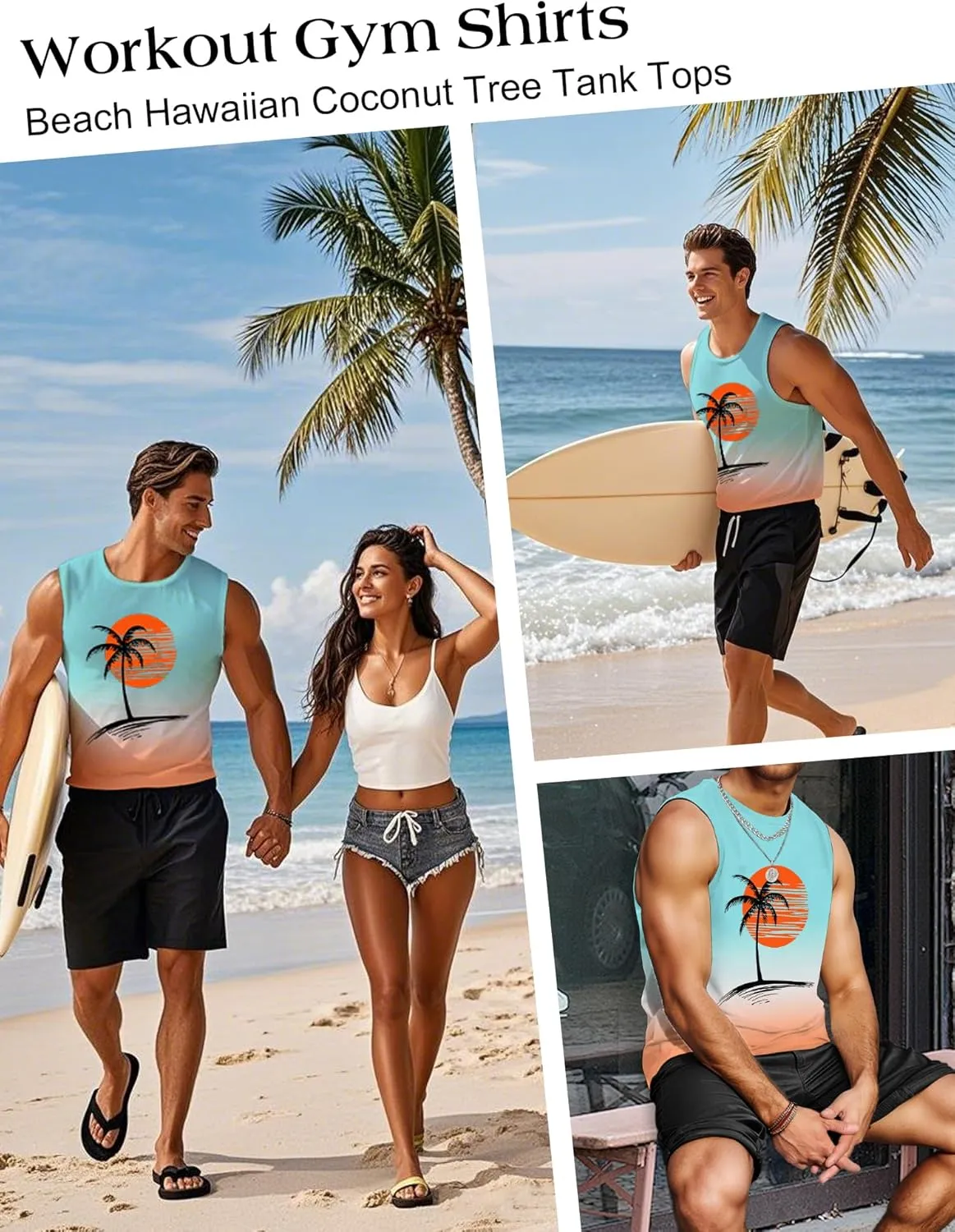 Mens Graphic Tank Tops Workout Sleeveless Shirts Hawaiian Palm Tree Vacation Tanks for Men Summer Beach T-Shirt