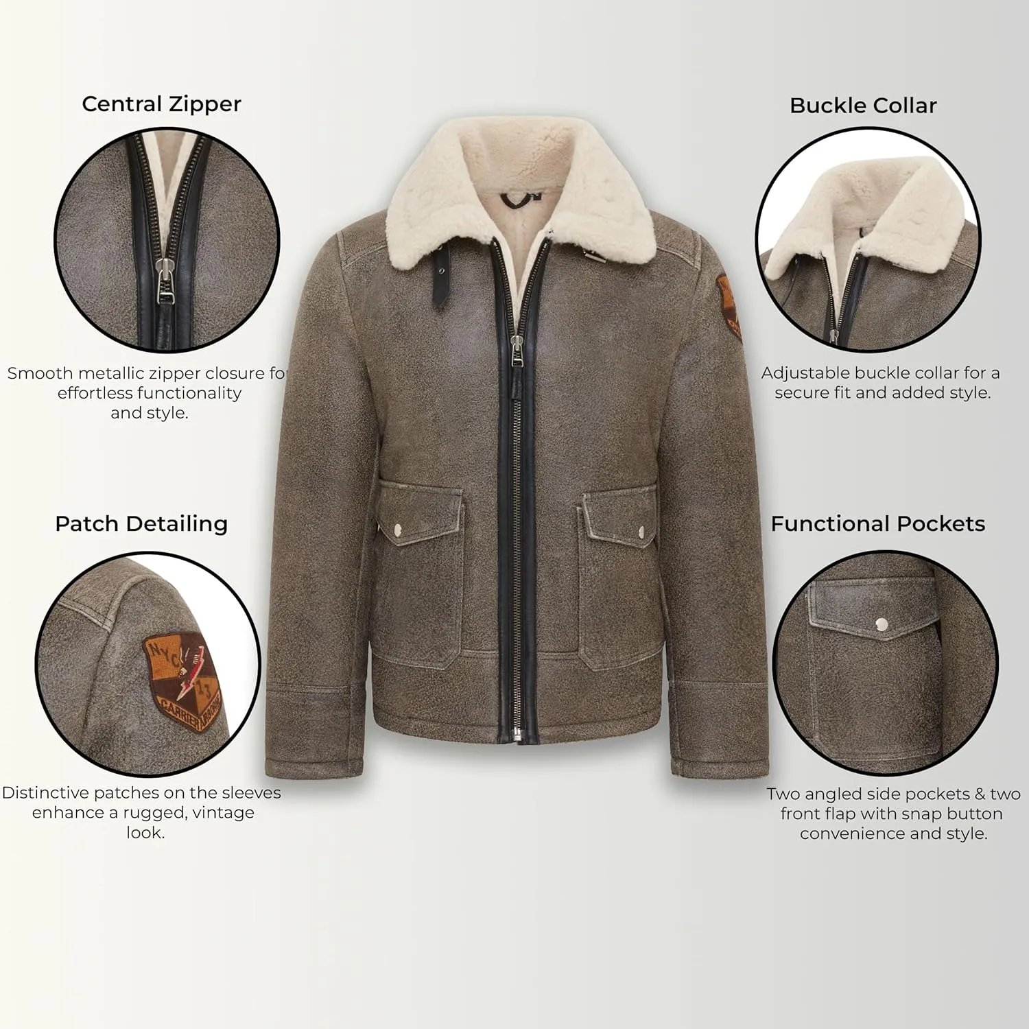 Men's Grey B3 Real Shearling Sheepskin WW2 Bomber Leather Flying Aviator Jacket