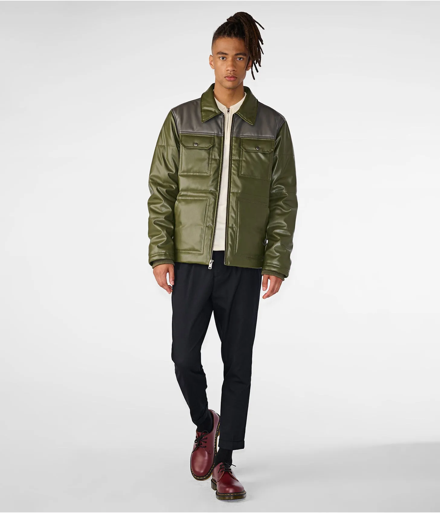 Men's Premium Leather Puffer Jacket with Removable Shearling Collar