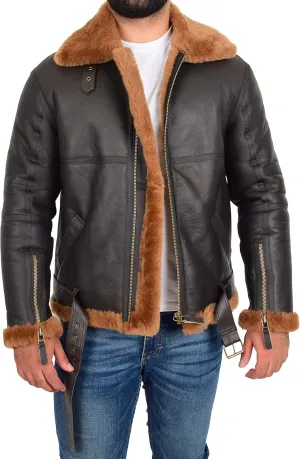Mens Real Brown Leather Flying Jacket WW2 RAF Bomber B3 Aviator Ginger Shearling Coat Tornado