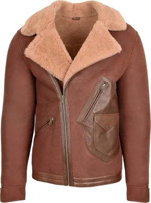 Mens Real Sheepskin Aviator Jacket Cross Zip Flying Style Dustin Brown Ginger