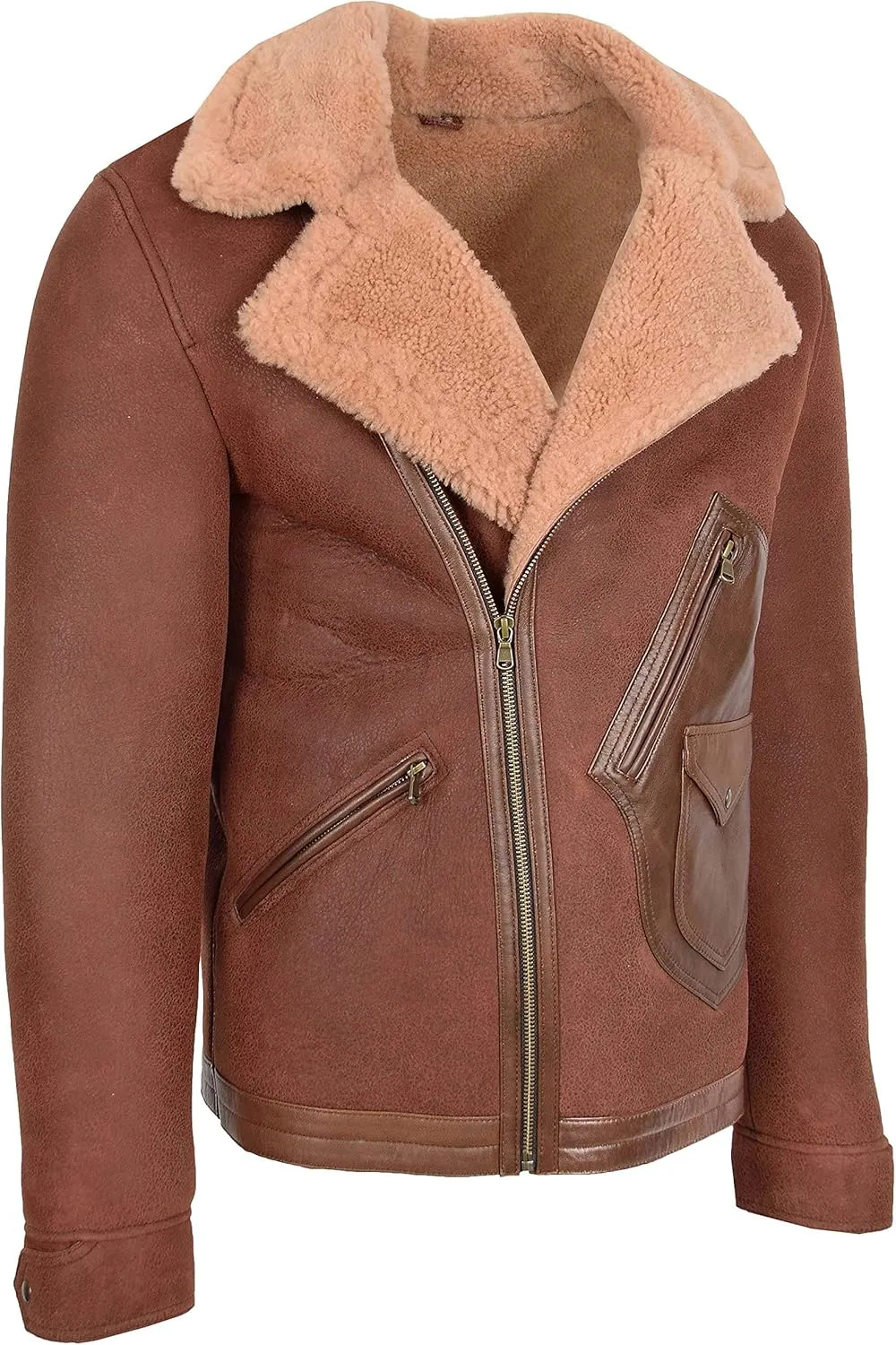 Mens Real Sheepskin Aviator Jacket Cross Zip Flying Style Dustin Brown Ginger