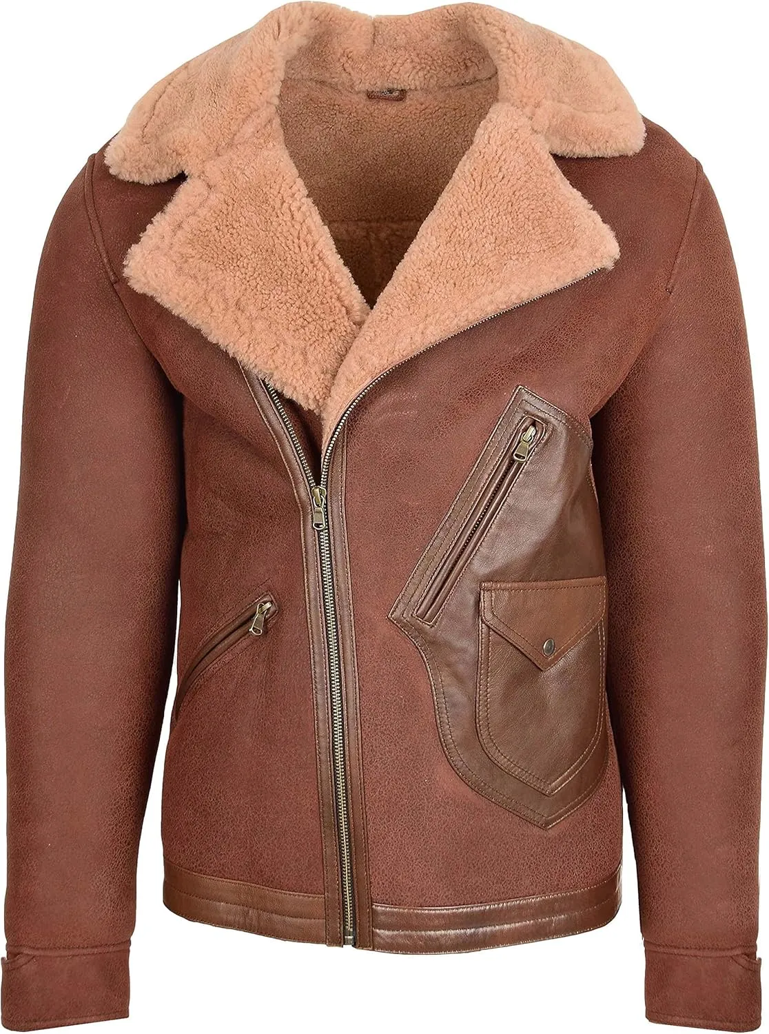 Mens Real Sheepskin Aviator Jacket Cross Zip Flying Style Dustin Brown Ginger