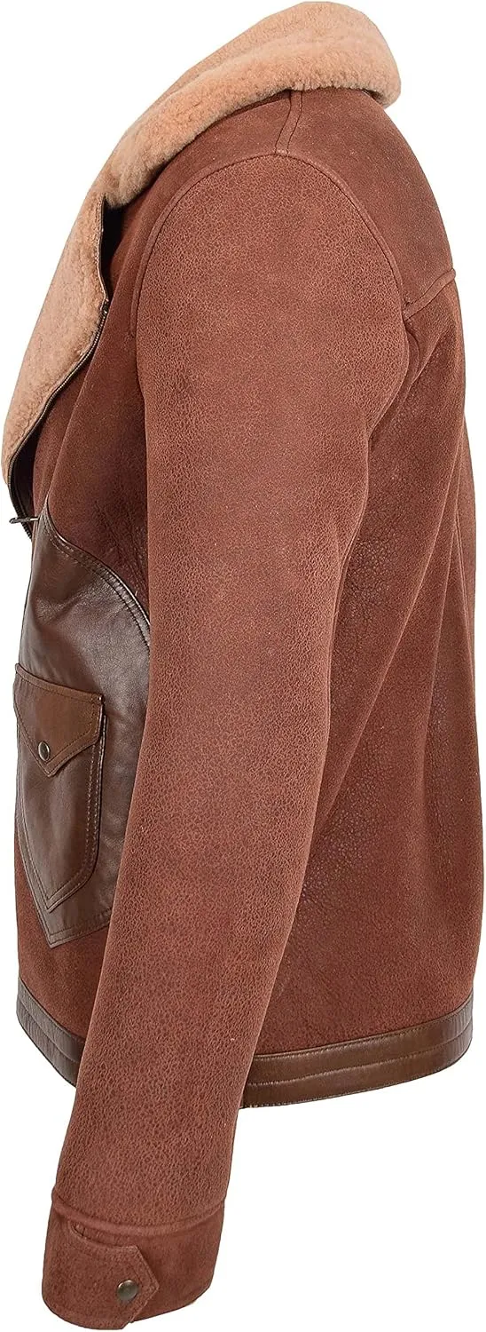 Mens Real Sheepskin Aviator Jacket Cross Zip Flying Style Dustin Brown Ginger