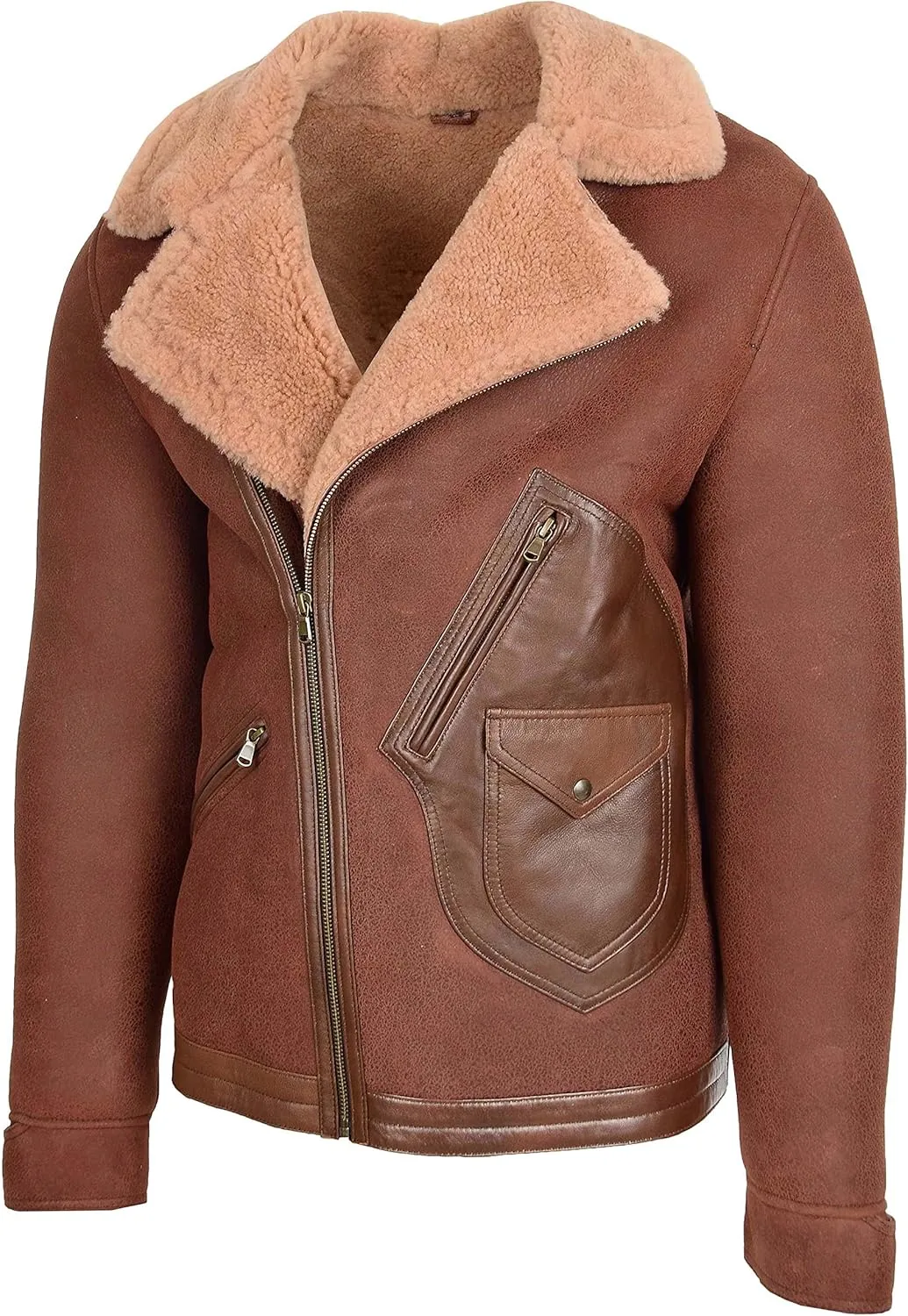 Mens Real Sheepskin Aviator Jacket Cross Zip Flying Style Dustin Brown Ginger