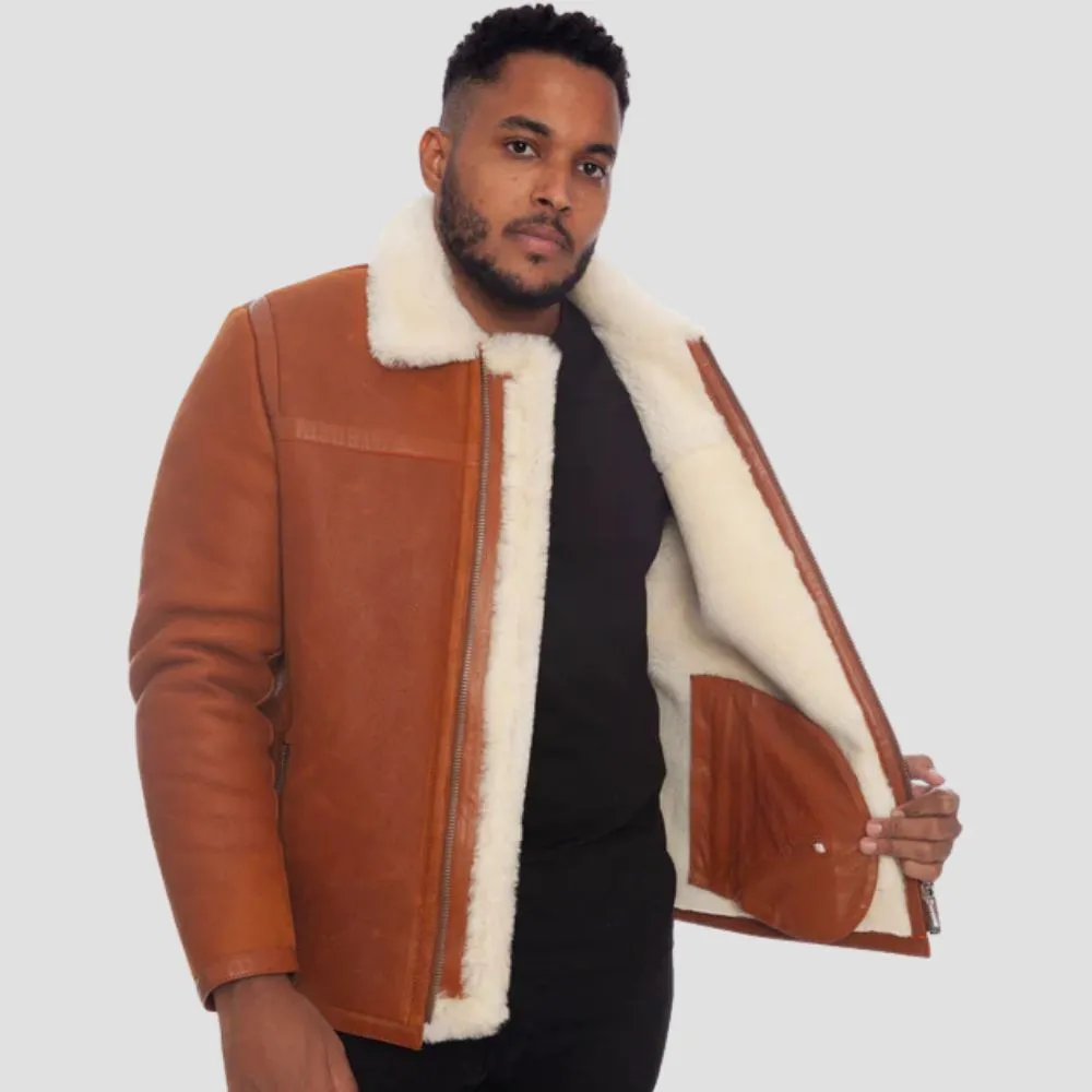 Men’s Sheepskin Shearling Jacket With Thick White Fur Lining