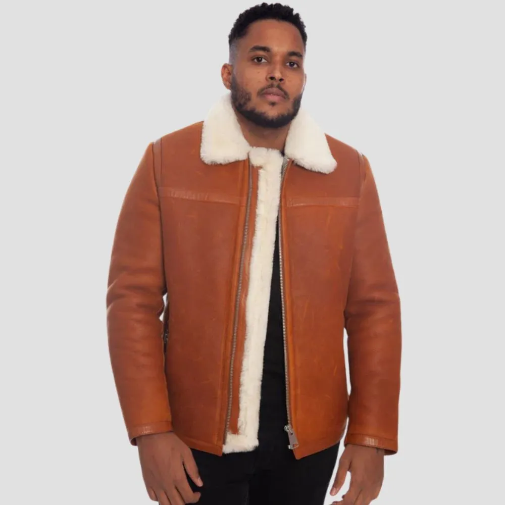 Men’s Sheepskin Shearling Jacket With Thick White Fur Lining