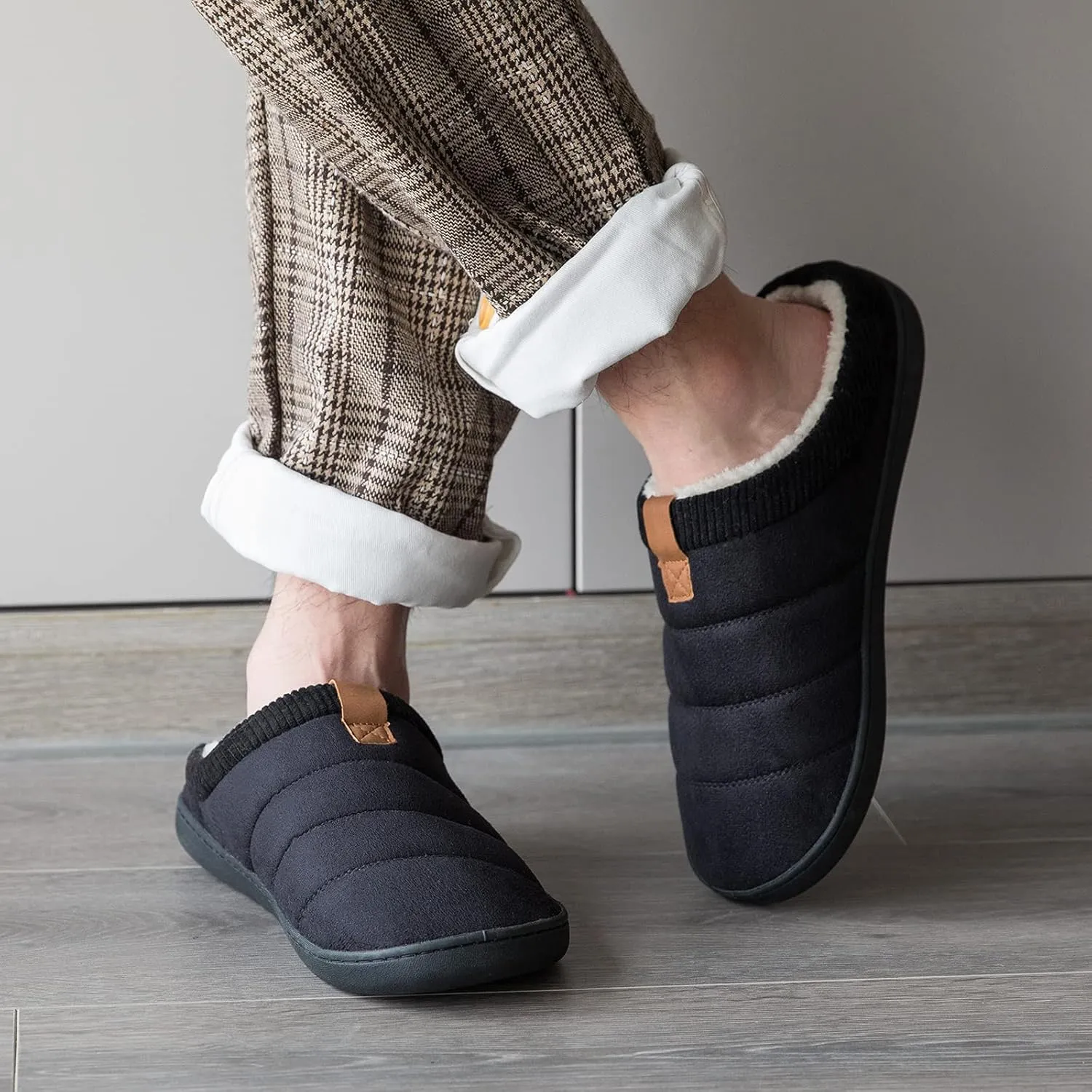 Men's Warm Memory Foam Slippers Suede Plush Shearling Lined Slip on Indoor Outdoor Clog House Shoes