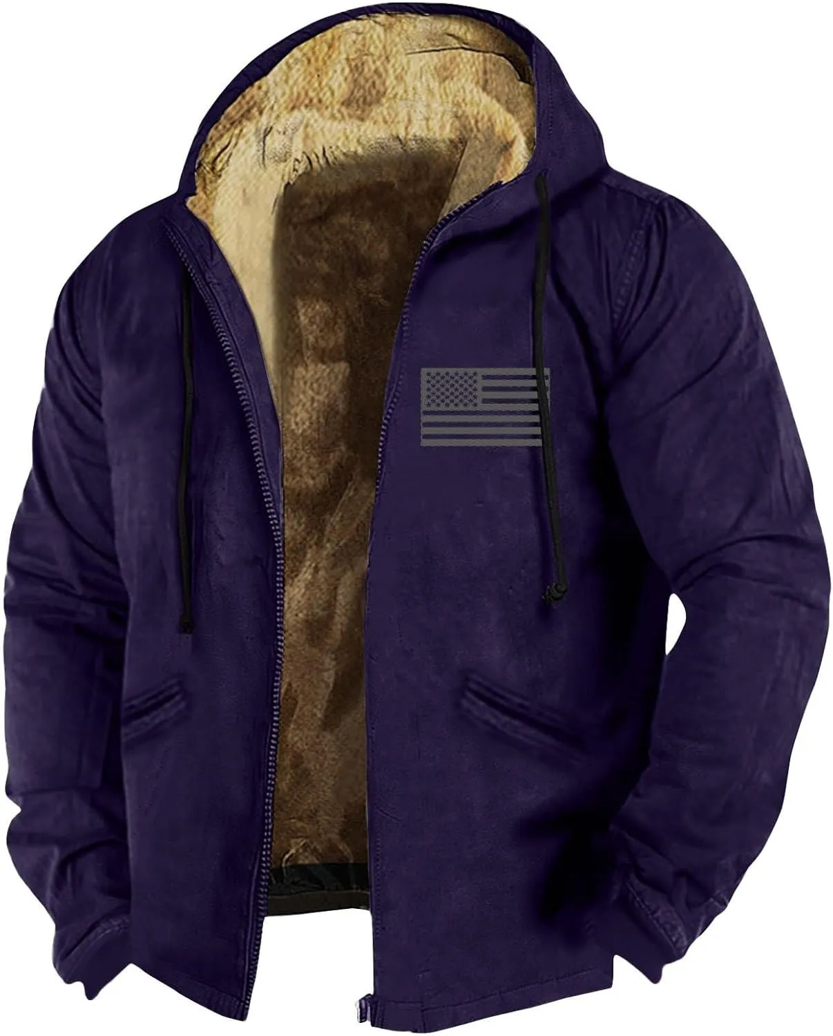 Mens Winter Jacket Winter Warm Hoodies Vintage Printed Jackets Sherpa Fleece Lined Coats Full Zipper Outwear