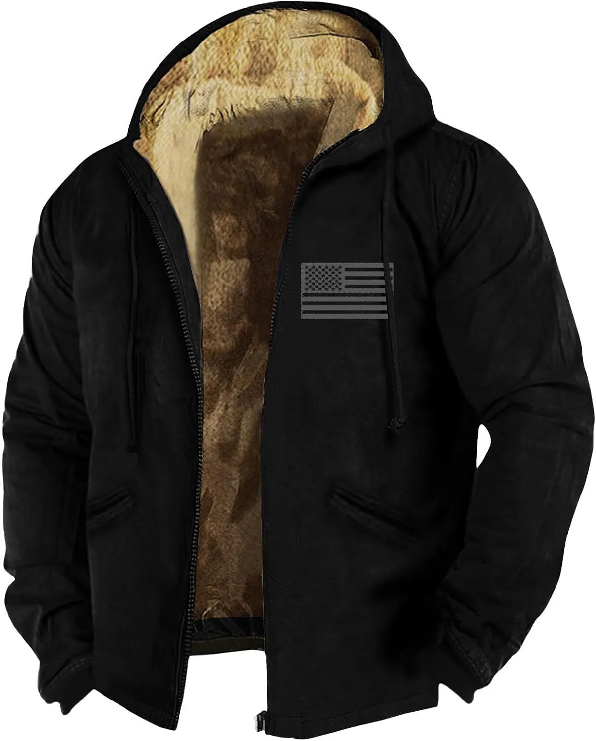 Mens Winter Jacket Winter Warm Hoodies Vintage Printed Jackets Sherpa Fleece Lined Coats Full Zipper Outwear