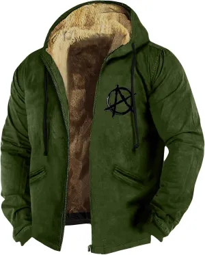 Mens Winter Jacket Winter Warm Hoodies Vintage Printed Jackets Sherpa Fleece Lined Coats Full Zipper Outwear